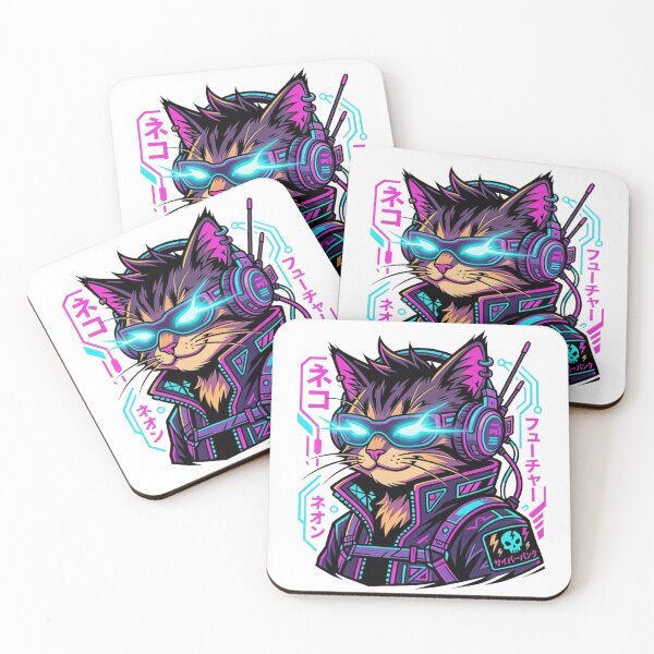 Item preview, cyberpunk cat wearing neon glowing futuristic sunglasses and headphones designed and sold by OmrDnz.