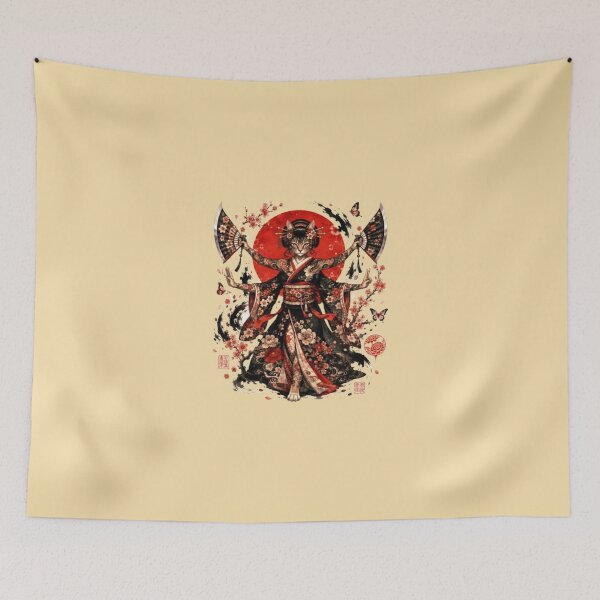 Item preview, Four-Armed Warrior Cat Geisha | Sakura Kimono | Japanese Feline Art designed and sold by Natalia-Vlad.