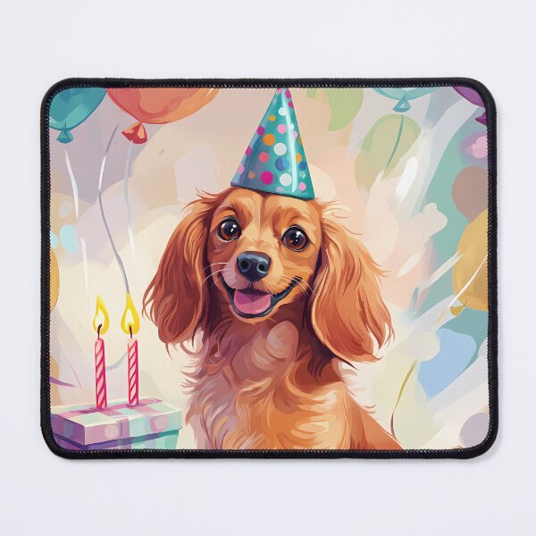 Item preview, Dachshund Birthday Card — Golden Long-Haired Wiener Dog Party Hat Cake Balloons Gifts designed and sold by SellingWSarah17.