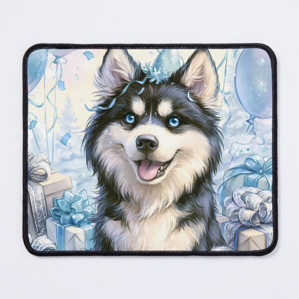 Item preview, Siberian Husky Birthday Card — Blue Eyed Puppy Party Hat Ice Blue Gifts Balloons Winter designed and sold by SellingWSarah17.