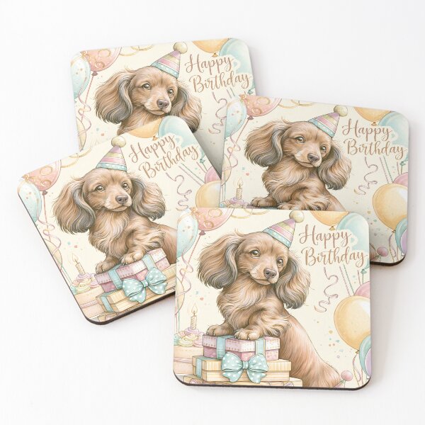 Item preview, Dachshund Happy Birthday Card — Cute Long-Haired Puppy Party Hat Pastel Gifts Balloons designed and sold by SellingWSarah17.