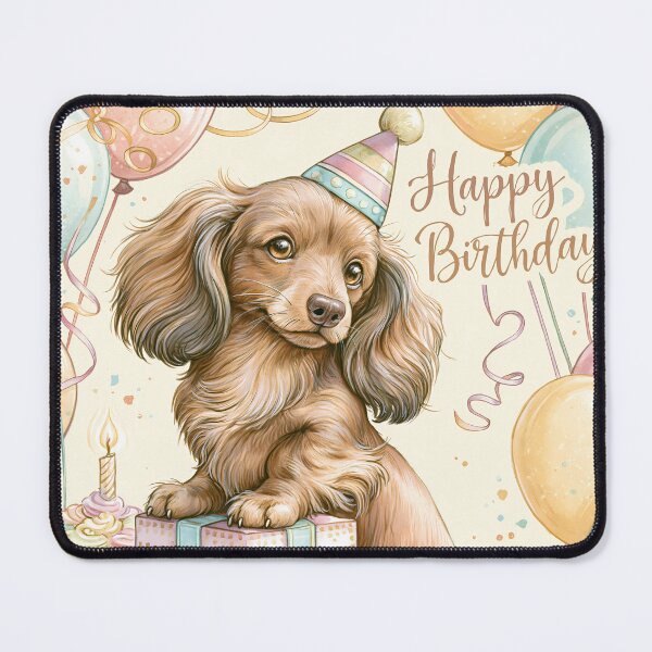 Item preview, Dachshund Happy Birthday Card — Cute Long-Haired Puppy Party Hat Pastel Gifts Balloons designed and sold by SellingWSarah17.