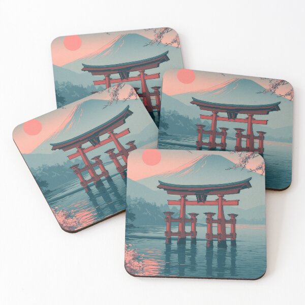 Item preview, Red Torii Gate & Mount Fuji at Sunrise | Japanese Ukiyo-e Cherry Blossom Art Print designed and sold by Amber Sky Creations.