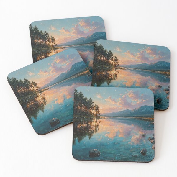 Item preview, Highland Loch at Sunset | Impressionist Scottish Mountain Landscape Art Print designed and sold by Amber Sky Creations.