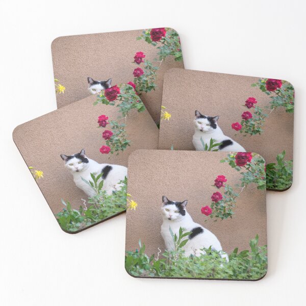 Item preview, White and Black Cat with Garden Flowers designed and sold by MaryLeePhoto.