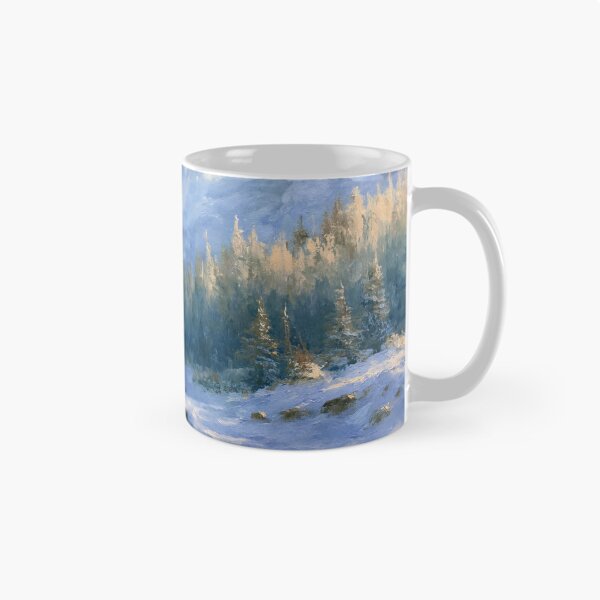 Artikelvorschau, Verschneites Bergtal | Impressionistischer Winterlandschafts-Kunstdruck entworfen und verkauft von Amber Sky Creations.
