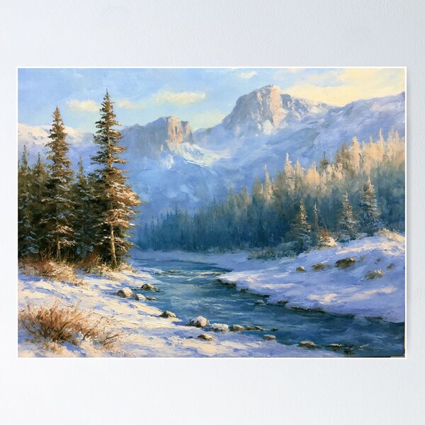 Item preview, Snowy Mountain Valley | Impressionist Winter Landscape Art Print designed and sold by Amber Sky Creations.