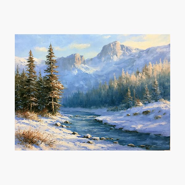 Item preview, Snowy Mountain Valley | Impressionist Winter Landscape Art Print designed and sold by Amber Sky Creations.