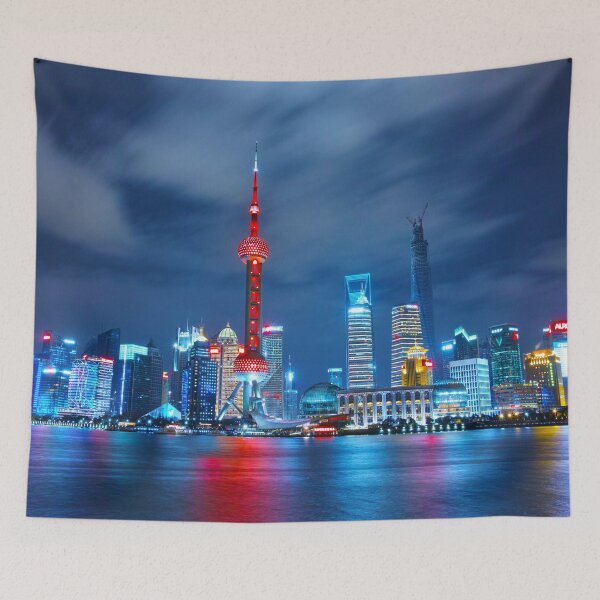 Aperçu de l'œuvre Shanghai, China night city lights skyline color photograph art print poster créée et vendue par Jéanpaul Ferro.