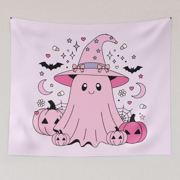 Item preview, Cute Pink Ghost Witch Kawaii Halloween Illustration designed and sold by SoftStyleStudio ⭐⭐⭐.
