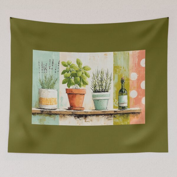 Item preview, Rustic Kitchen Herb Garden with Lavender Rosemary Basil and Vintage Bottle Farmhouse Wall Art designed and sold by OlfactoART Studio.
