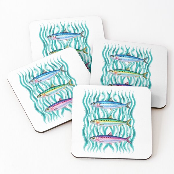 Item preview, Colorful Stacked Sardines on Teal Watercolor, Coastal Fish Art designed and sold by Rosie's Wildflower Boutique.