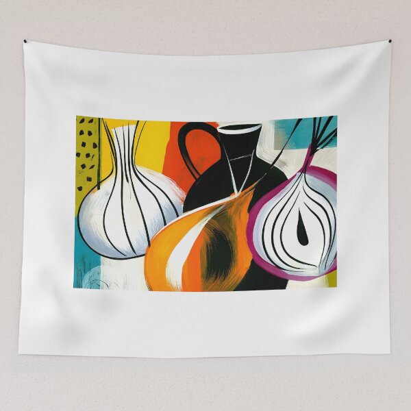 Item preview, Modern Kitchen Still Life with Colorful Vases Onions and Bold Abstract Geometric Wall Art designed and sold by OlfactoART Studio.