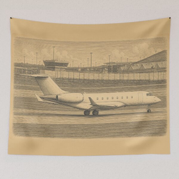 Item preview, Vintage Engraving Style Regional Business Jet at Airport Illustration designed and sold by EMairplanes.