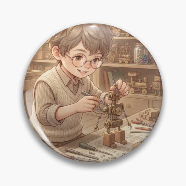 Item preview, Young Inventor Building Wooden Robot Workshop Vintage Art  designed and sold by Azurart2.
