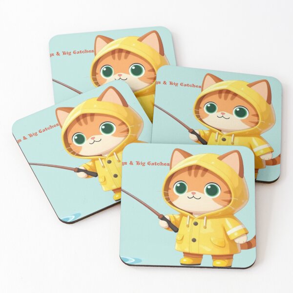 Item preview, Cute Chibi Cat Fishing in Yellow Raincoat – Whimsical Rainy Day Cat Art designed and sold by BLUESKY11a.