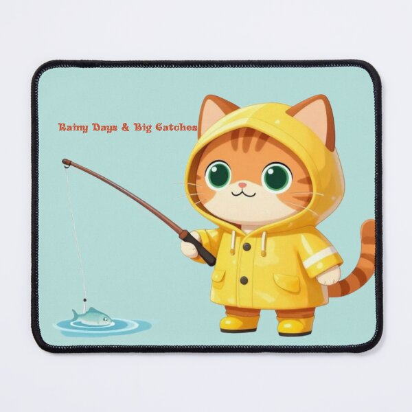 Item preview, Cute Chibi Cat Fishing in Yellow Raincoat – Whimsical Rainy Day Cat Art designed and sold by BLUESKY11a.