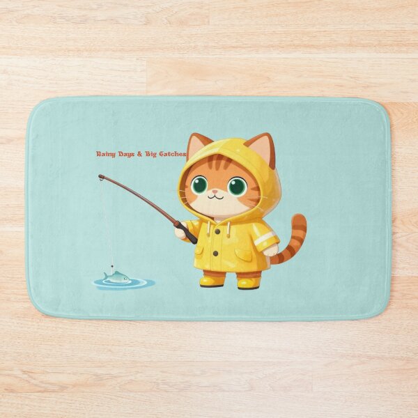 Item preview, Cute Chibi Cat Fishing in Yellow Raincoat – Whimsical Rainy Day Cat Art designed and sold by BLUESKY11a.