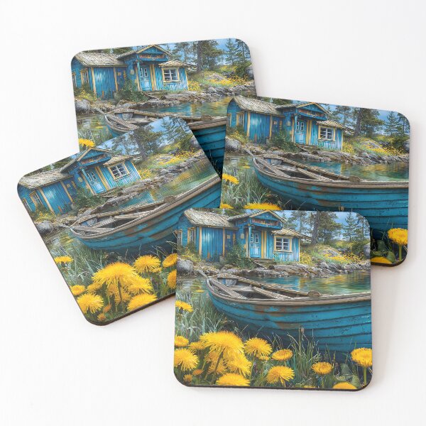 Item preview, Serene Blue House by the Water with Yellow Flowers designed and sold by Artessie.