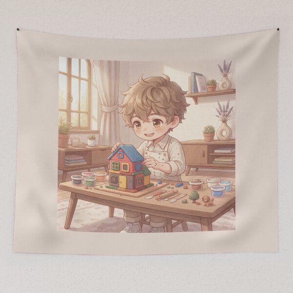 Item preview, Modeling clay art workshop: cute boy building a toy house designed and sold by Azurart2.