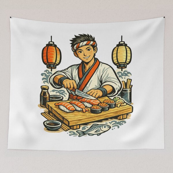 Item preview, Japanese Sushi Chef Vintage Culinary Illustration T-Shirt designed and sold by D.Shop.