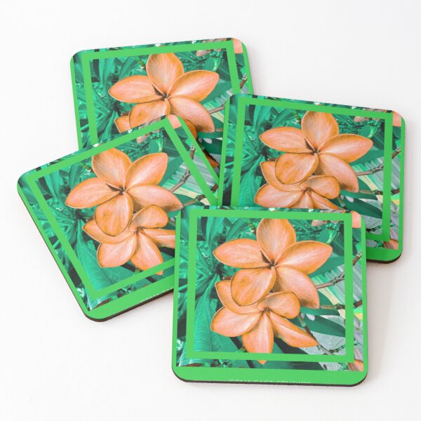 Item preview, Tropical Orange Plumeria Frangipani Teal Leaf Pop Art designed and sold by LilycraftCreate.