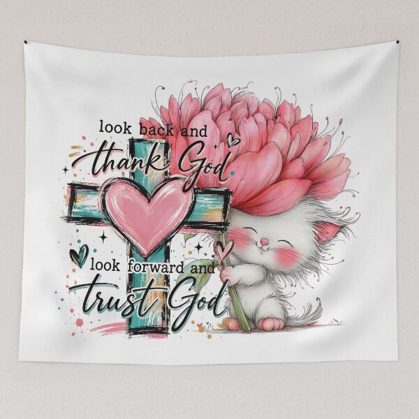 Item preview, Look back and thank God Look forward and trust God Cute Kitten holding a big pink flower standing beside a cross with a heart in the center designed and sold by Lori Richardson.