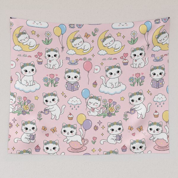 Item preview, Kawaii Flower Crown Kitty Pattern - Cute Cartoon Cats Pattern, Girly Aesthetic, Light Pink Repeating Pattern designed and sold by Fashion Lovers Hub.