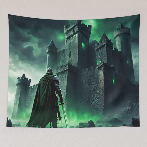 Item preview, Dark Fantasy Knight Approaching Haunted Green Castle designed and sold by Uniquely Yours.