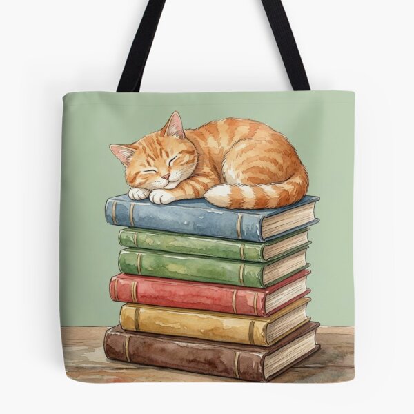 Item preview, Cat Mom Book Lover Gift for Birthdays & Mother's Day | Sleepy Orange Tabby Cat Napping on Book Stack Watercolor Design designed and sold by Covent Vaughn.