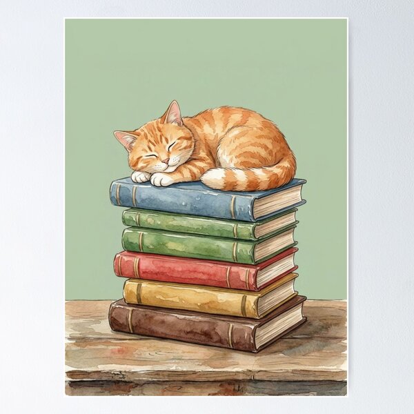 Item preview, Cat Mom Book Lover Gift for Birthdays & Mother's Day | Sleepy Orange Tabby Cat Napping on Book Stack Watercolor Design designed and sold by Covent Vaughn.