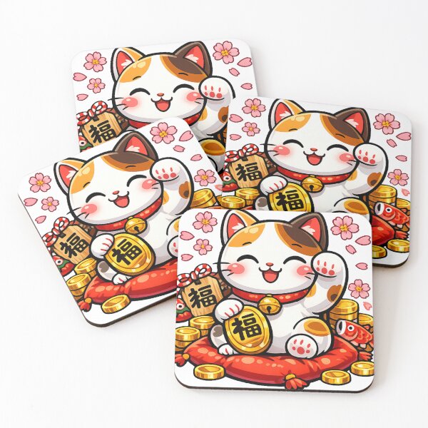 Item preview, Kawaii Lucky Maneki Neko Sticker | Japanese Lucky Cat with Gold Coins & Sakura designed and sold by kawaii animal store (in Japan).