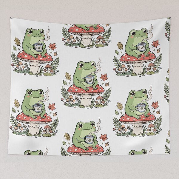 Item preview, Cute Amphibian Sipping Coffee on Fungi Fall designed and sold by FrankOliver.