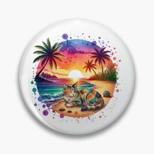 Item preview, Colorful Tropical Sunset Cat | Vibrant Beach Paradise Illustration designed and sold by PixelStyle Studio.