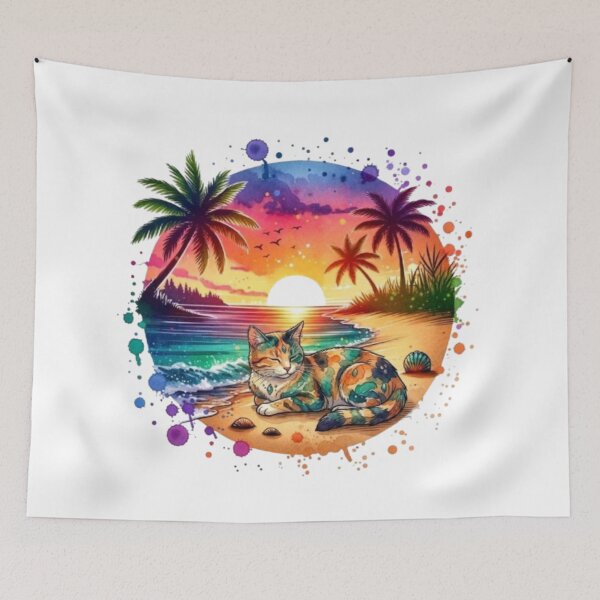 Item preview, Colorful Tropical Sunset Cat | Vibrant Beach Paradise Illustration designed and sold by PixelStyle Studio.
