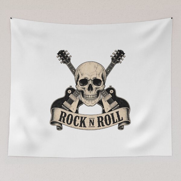 Item preview, Vintage Rock and Roll Skull with Crossed Guitars designed and sold by FrozenPolarBear.