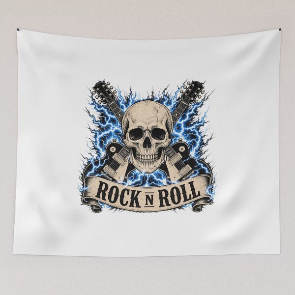 Item preview, Rock and Roll Skull with Crossed Guitars and Blue Lightning designed and sold by FrozenPolarBear.