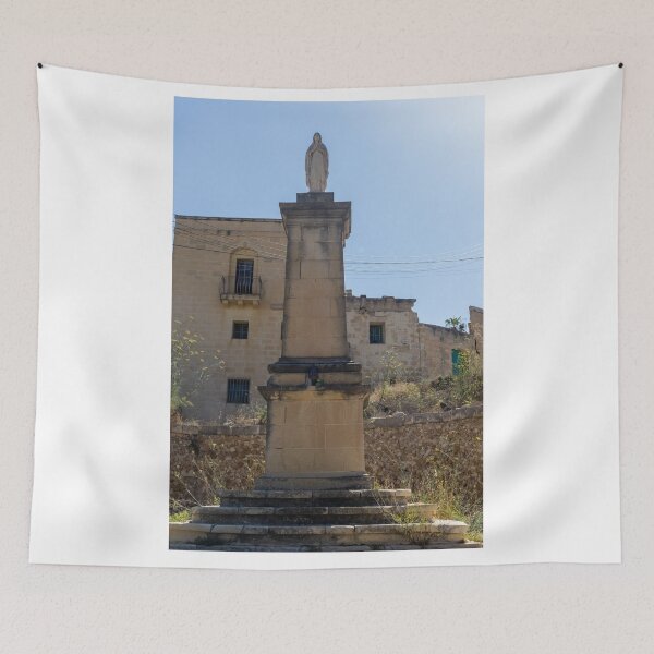 Item preview, Stone Marian Statue On Tall Column In Sunny Mediterranean Village With Historic Buildings designed and sold by Nmallia.