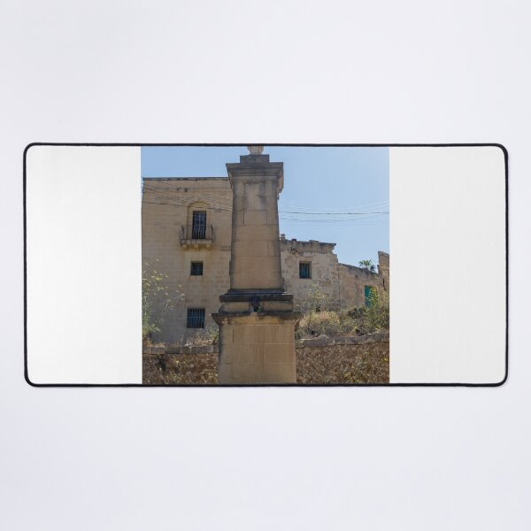 Item preview, Stone Marian Statue On Tall Column In Sunny Mediterranean Village With Historic Buildings designed and sold by Nmallia.
