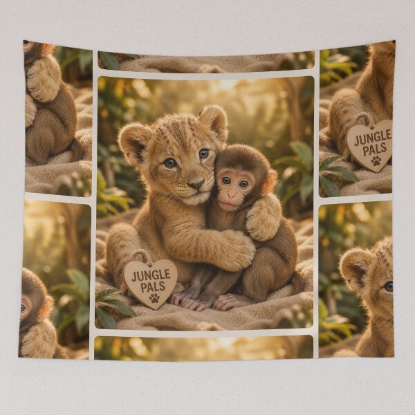 Item preview, Cute Jungle Pals Lion Cub Monkey Hugging FriendsCopy of One Of Us Cat and Dogs Pet Family Inclusion designed and sold by BagFactoryUK.