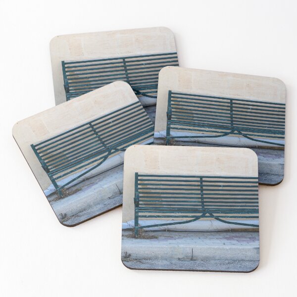Item preview, Weathered Green Bench Against Aged Wall On Quiet Urban Sidewalk designed and sold by Nmallia.