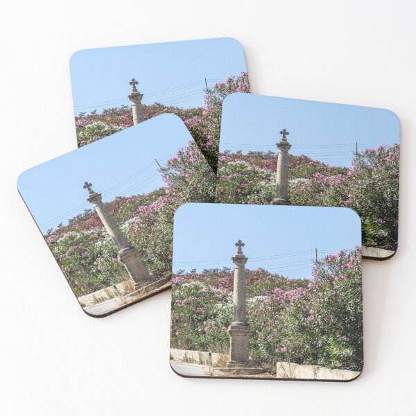 Item preview, Stone Column With Cross Beside Pink Oleander Bushes Along Sunny Mediterranean Road designed and sold by Nmallia.