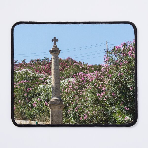 Item preview, Stone Column With Cross Beside Pink Oleander Bushes Along Sunny Mediterranean Road designed and sold by Nmallia.