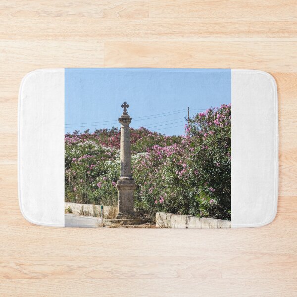 Item preview, Stone Column With Cross Beside Pink Oleander Bushes Along Sunny Mediterranean Road designed and sold by Nmallia.
