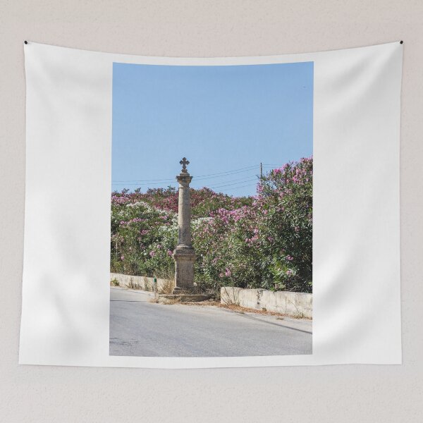 Item preview, Stone Column With Cross Beside Pink Oleander Bushes Along Sunny Mediterranean Road designed and sold by Nmallia.
