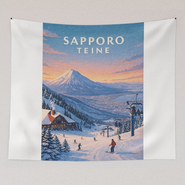 Artikelvorschau, Schneebedeckte Hänge des Sapporo Teine mit winterlichen Ausblicken über Hokkaido entworfen und verkauft von Places On Earth.