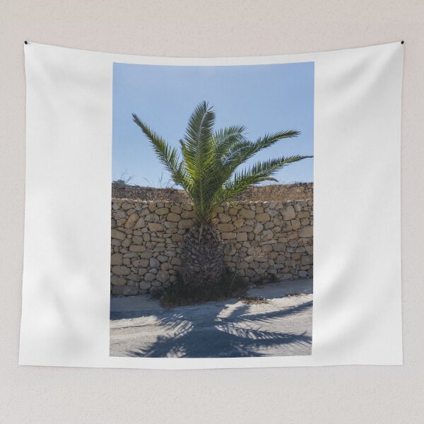 Item preview, Young Palm Tree Growing Against Rustic Stone Wall Under Bright Blue Sky With Sunlit Shadow designed and sold by Nmallia.