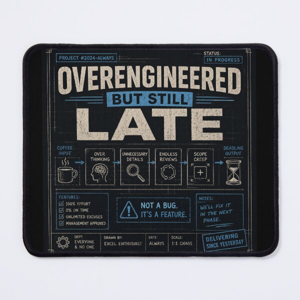 Item preview, Overengineered But Still Late Funny Engineering Office Poster | Project Management Humor Blueprint designed and sold by Eng-Art.