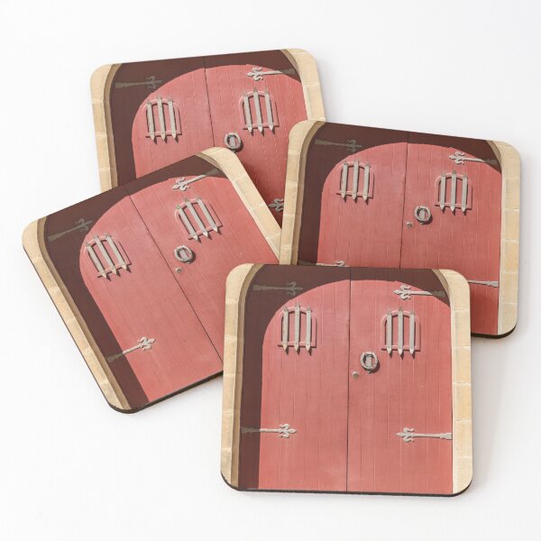 Item preview, Red Arched Wooden Door With Iron Hinges And Stone Entrance In Sunny Light designed and sold by Nmallia.