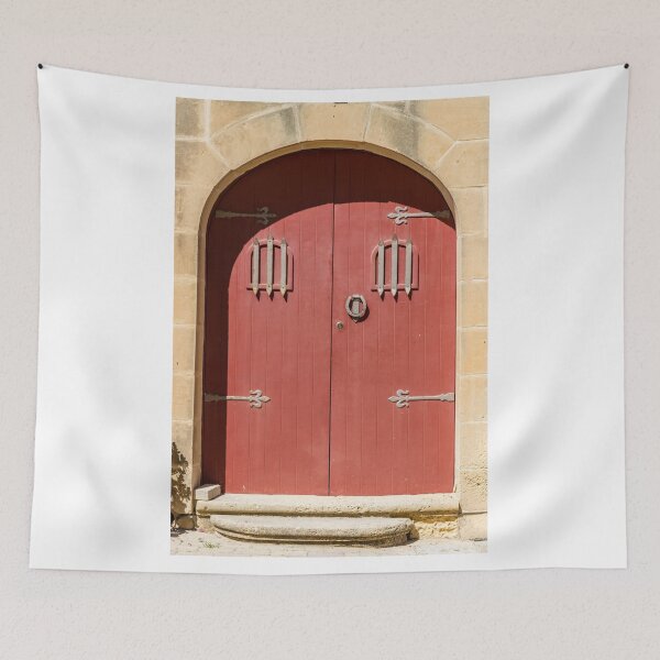 Item preview, Red Arched Wooden Door With Iron Hinges And Stone Entrance In Sunny Light designed and sold by Nmallia.